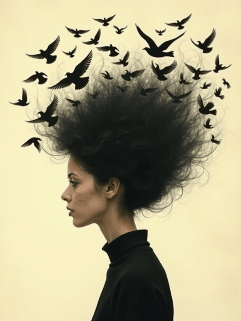 Surreal portrait birds hair