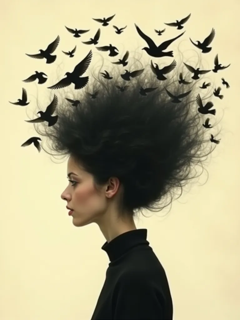 Surreal portrait birds hair
