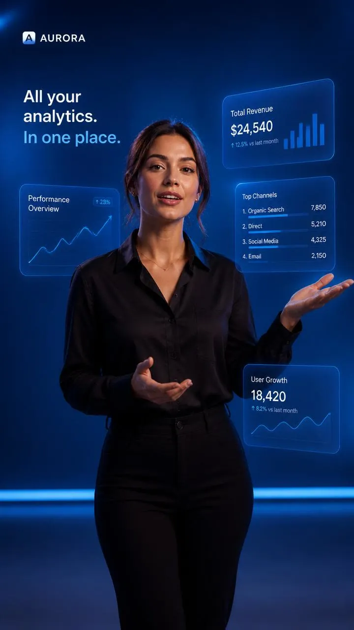 Product explainer, presenter with floating UI cards, royal blue background
