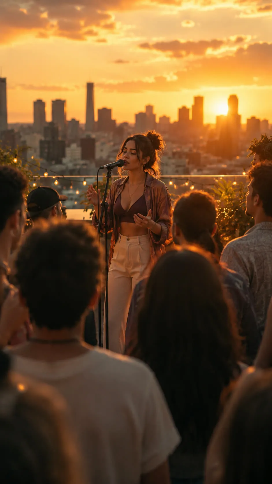 Rooftop sunset performance, singer at mic, city skyline, warm golden light