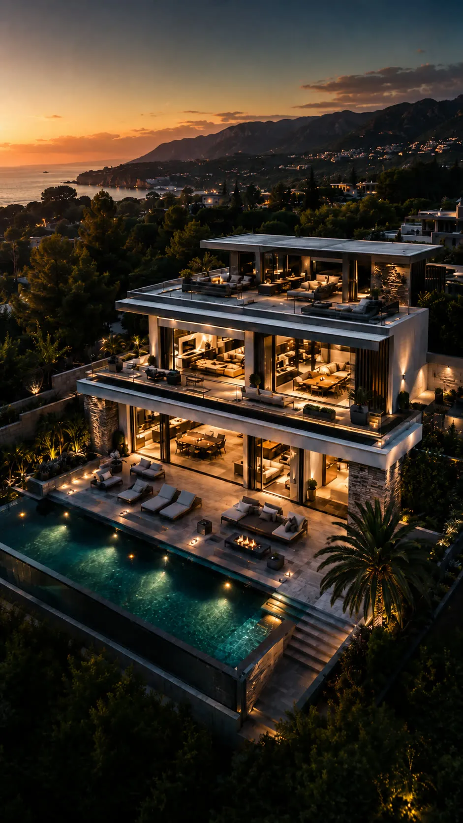 Luxury cliffside villa at sunset, infinity pool, warm interior lighting, sea view