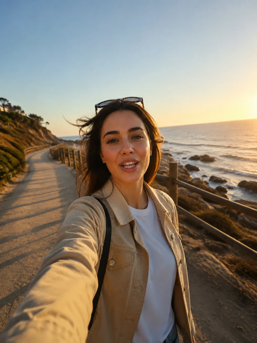 Golden hour coastal selfie, natural light, candid lifestyle content for social